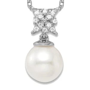 14K Solid White Gold Freshwater Cultured Pearl Diamond Floating Chain Slide ... - Picture 1 of 4