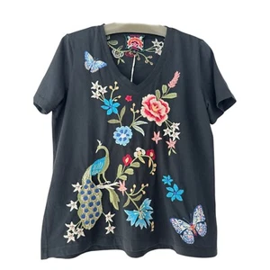 Johnny Was Nicolette V Short Tee Cotton Shirt Floral Embroidery Top Black NEW - Picture 1 of 7