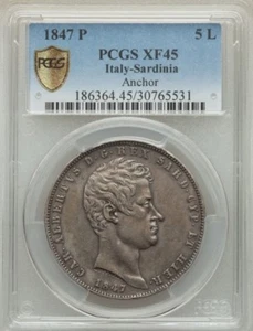 ITALY SARDINIA CARLO ALBERTO 1847 5 LIRE SILVER COIN, PCGS CERTIFIED XF-45 - Picture 1 of 4