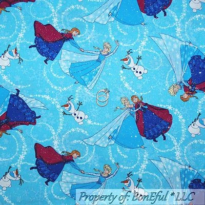 BonEful Fabric FQ Cotton Quilt Blue Glitter Olaf FROZEN Disney Snowman Snowflake - Image 1 of 4