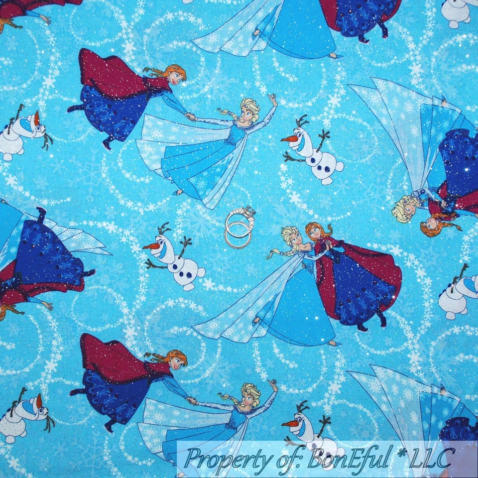 BonEful Fabric FQ Cotton Quilt Blue Glitter Olaf FROZEN Disney Snowman Snowflake - Image 1 of 4