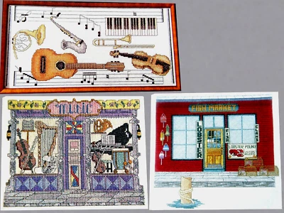 Music Shop Instruments Guitar Piano Fish Market Wharf Traps CROSS STITCH PATTERN - Image 1 of 4