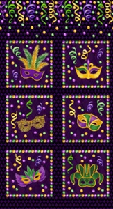 MARDI GRAS MASK BLOCK PANEL BY HENRY GLASS COTTON FABRIC 24"X44" - Picture 1 of 1