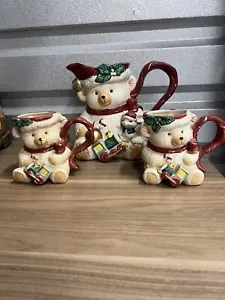 Vintage Fitz and Floyd Omnibus 1995 Weihnachten Teddybär 2,5 Quart Krug & 2 Tassen - Bild 1 von 7