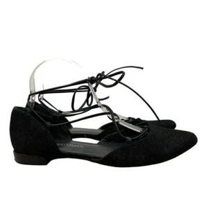 Stuart Weitzman Black Gilligan Shimmer Lace Up Pointed Toe Lace Up Flats 10 - Picture 1 of 9