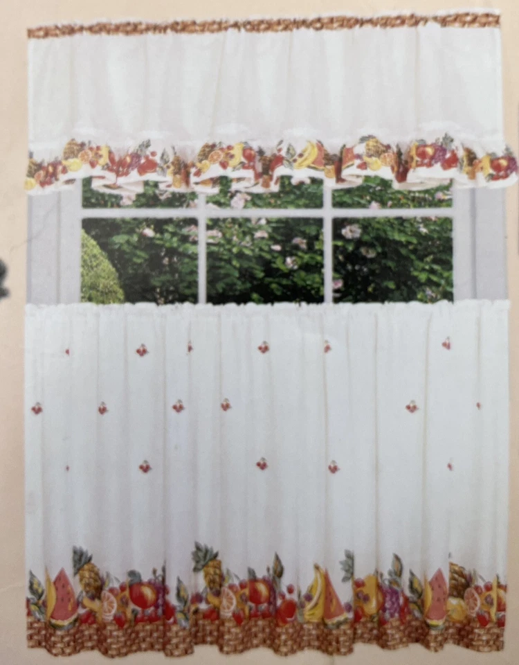 VINTAGE 70s VALANCE & TIER SET 58”x36” STYLE FRUIT SALAD NEW SEALED New Curtains - Image 1 of 4