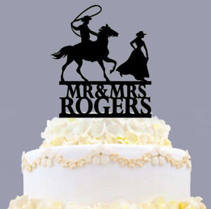 Rustic Personalized Mr&Mrs Cowboy Bride and Groom Wedding Cake Topper With Horse