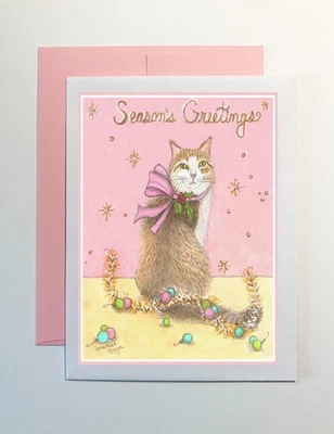 Beautiful long haired cat with pink and gold, Christmas card, notecard #1039 - Image 1 of 2