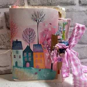 Handmade Junk Journal, Mixed Media Art Journal w Fabric Tie and Beaded Dangle - Picture 1 of 10