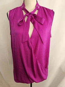 Jennifer Lopez Blouse Sleeveless Magenta Bow Tie Neck Drape Top Womens Size L - Picture 1 of 7