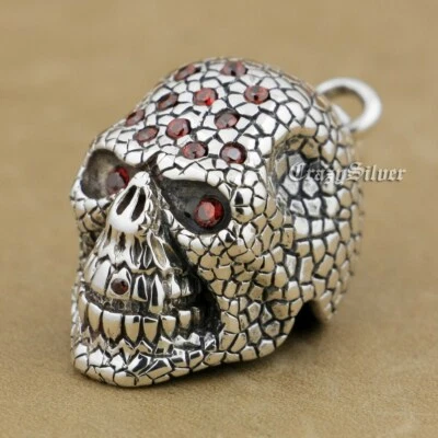 Colgante calavera de plata esterlina 925 circonita cúbica roja joyería punk 9S024A acero N 24" BZ Foto 1 de 4