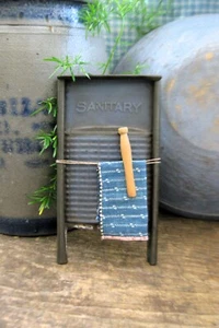 Antique Tin Child's Toy Laundry Washboard Sanitary Brand 1890s Blue Calico Scrap - Picture 1 of 7