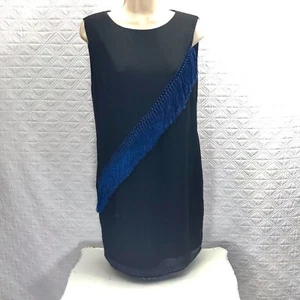 RACHEL Rachel Roy Small Black Blue Asymmetrical Fringe Cocktail Shift Dress - Picture 1 of 10