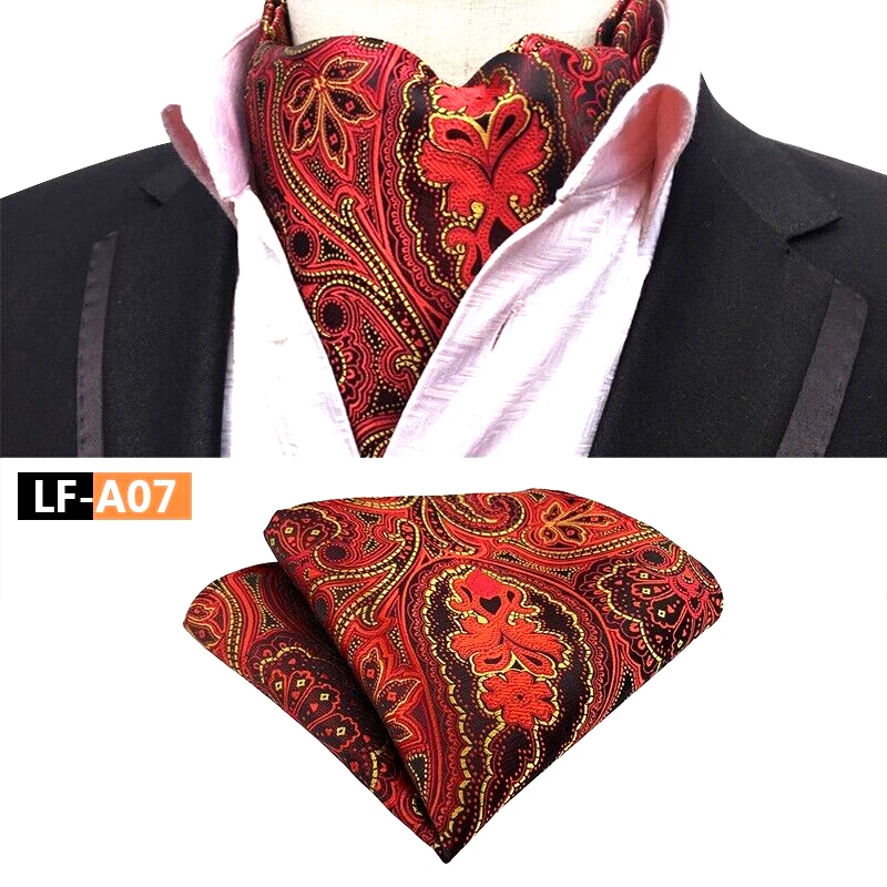Classic Men's Ascot Cravat Tie Silk Paisley Red Yellow  Scarf Cravat Hanky Set - Image 1 of 1