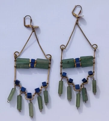 Pendientes Anthropologie GRAND DECO Macizo Jade Lapislázuli Alambre Latón Declaración Foto 1 de 4