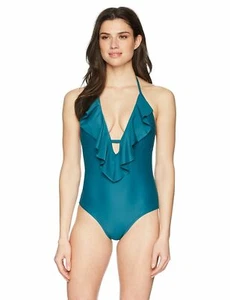 Costume da bagno donna blu costiero profondo V con volant davanti pezzo unico taglia L 12/14 (C32) - Foto 1 di 6