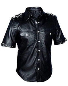 Mens Real Black LEATHER Hot Police Uniform Style Shirt - Picture 1 of 4