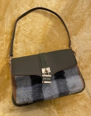 New ANNE KLEIN Faux Leather Handbag Clutch Soft Plaid Fur Magnetic Closure 10x7 - Image 1 of 4