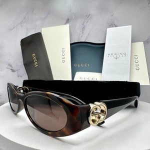 GUCCI New Sunglasses Oval Brown 54-16-135 Tortoise Gold Logo 100% Authentic - Picture 1 of 18