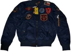 AUTHENTIC MEN’S TOP GUN MA-1 NYLON BOMBER JACKET  PATCHES NAVY BLUE  NWT - Picture 1 of 9