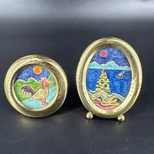 Menge 2 Vintage Mini Gold Oval & Kreis Messing Rahmen MCM Galerie Wand - Bild 1 von 12