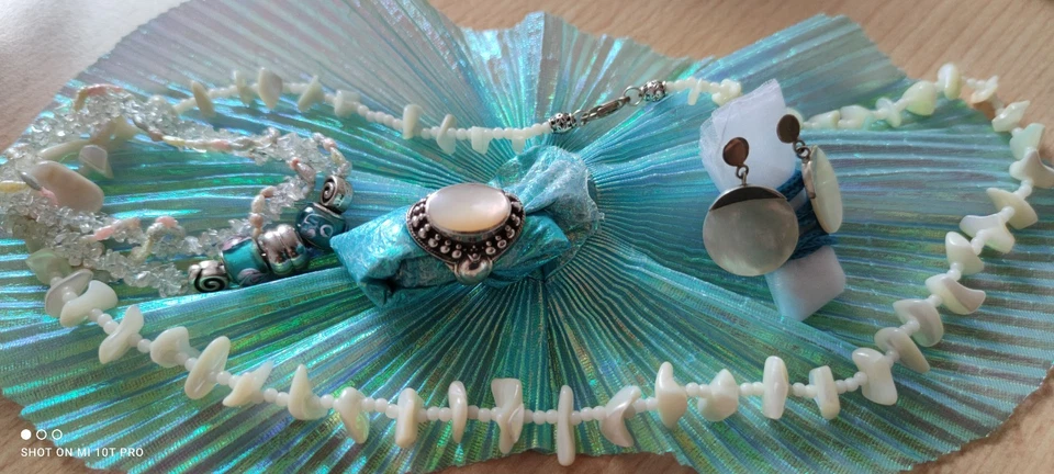 Summer Sun Sonne Set Perlmutt Kette Ring Ohrringe Armband weiß Silber 925 - Bild 1 von 2