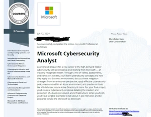 Certificat professionnel Microsoft Cybersecurity Analyst Help Complete - Photo 1 sur 1