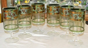 VTG 6 STEMMED GRECIAN DESIGN, ELEGANT GOLD TRIMMED 6 1/2" WATER GOBLETS TUMBLER - Picture 1 of 9