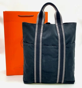 AUTH Hermes Foul tou cabas Black x Gray Cotton Tote Bag W/Bag NS041163 - Picture 1 of 22