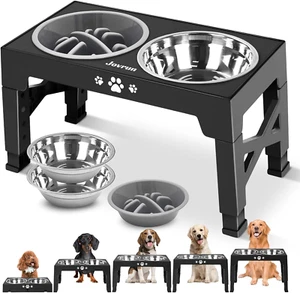 Erhöhte Hundenäpfe, Hundefutterautomat mit 2 Edelstahlschalen & 1 Slow Feeder Napf - Bild 1 von 12