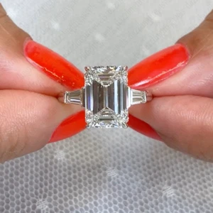 5.20 TCW Emerald Moissanite Three Stone Engagement Ring In Solid 14k White Gold - Picture 1 of 18