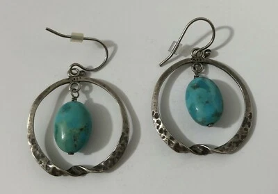 Silpada 925 Hammered Sterling Silver Turquoise Hook Dangle Twisted Earrings  - Image 1 of 4