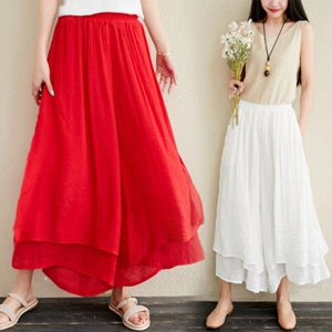 Elastic Waist Womens Cotton Linen Loose Wide Legs Cropped Dress Pants Casual New - Picture 1 of 12
