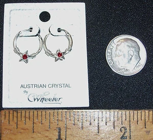 STERLING SILVER PIERCED 1/2" TUBE HOOP EARRINGS W/STARS & RUBY RED CRYSTALS - Picture 1 of 6