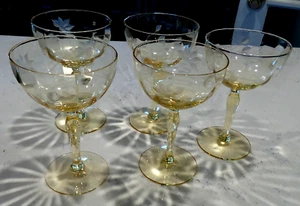5 Vintage Yellow Lancaster Etched Optic Crystal Stemware - 5 3/4"h - Picture 1 of 6
