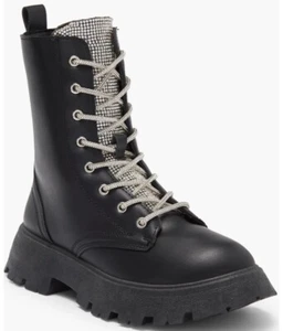 Wild Diva Black Rhinestone Lace Up Platform Combat Boots, New Defect See Pic - Picture 1 of 12