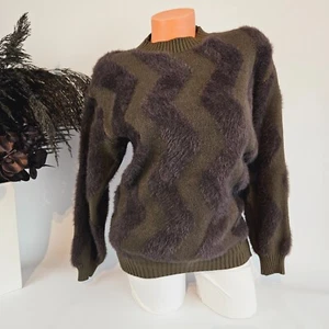 Italy Flauschiger Kuschel Pullover Rundhals Plüsch Pulli Größe 38 40 42 Olive - Bild 1 von 10