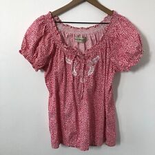 Bit & Bridle Pink Polka Dot Blouse Women Medium Embroidered Puff Sleeve Western
