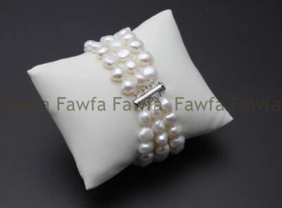 Brazalete de perlas barrocas de agua dulce blanco negro genuino natural 3 filas 6-7 mm 7,5"" Foto 1 de 4