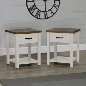 Nightstand Set of 2 Farmhouse Oak Top 1-Drawer Ivory Wood Side Tables End Accent - Picture 1 of 12