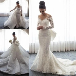 Luxury Mermaid Wedding Dresses O-Neck Long Sleeves Bow Chapel Train Bridal Gowns - Picture 1 of 9