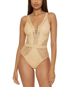 Becca Polished Crochet Plunge Swimsuits Women's Medium Gold One-Piece NWO151 - Picture 1 of 8