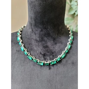 Damen Halskette Smaragd Grün Kristall mit Silber Gliederkette Karabinerverschluss - Bild 1 von 7