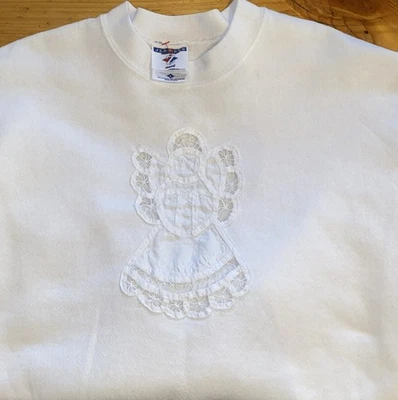 Sudadera Vintage Dollie Angel Jerzees Blanca M/L Hecha en EE. UU. Foto 1 de 4
