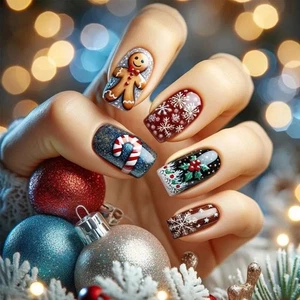 24 Stück Weihnachten Press on Nails kurze eckige falsche Nägel mit Weihnachten kurz 17 - Bild 1 von 7