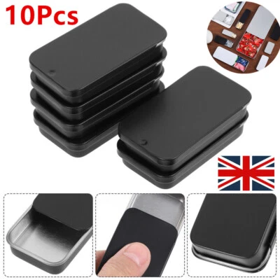 10 Slide Top Rectangular Metal Tin Containers Empty Mini Storage Pills Box Case  - Image 1 of 4