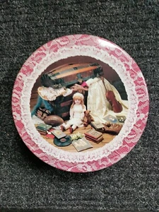 Vintage Biscuit Cookie Tin with Baby Doll Lace Trunk Round - Picture 1 of 15