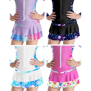 Kids Girls Built-in Shorts Sports Skirt Printed Dancewear Stretch Uniform Dance - Picture 1 of 44