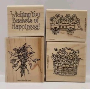 Stampin' Up Lot Of 4 Mounted Rubber Stamps Flowers Wagon Basket Happiness - Picture 1 of 3