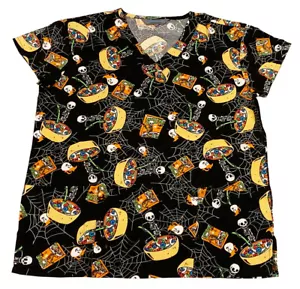 Women's Halloween Christmas Medical Scrub Tops Skeeletos Black Base 2XL - Picture 1 of 2